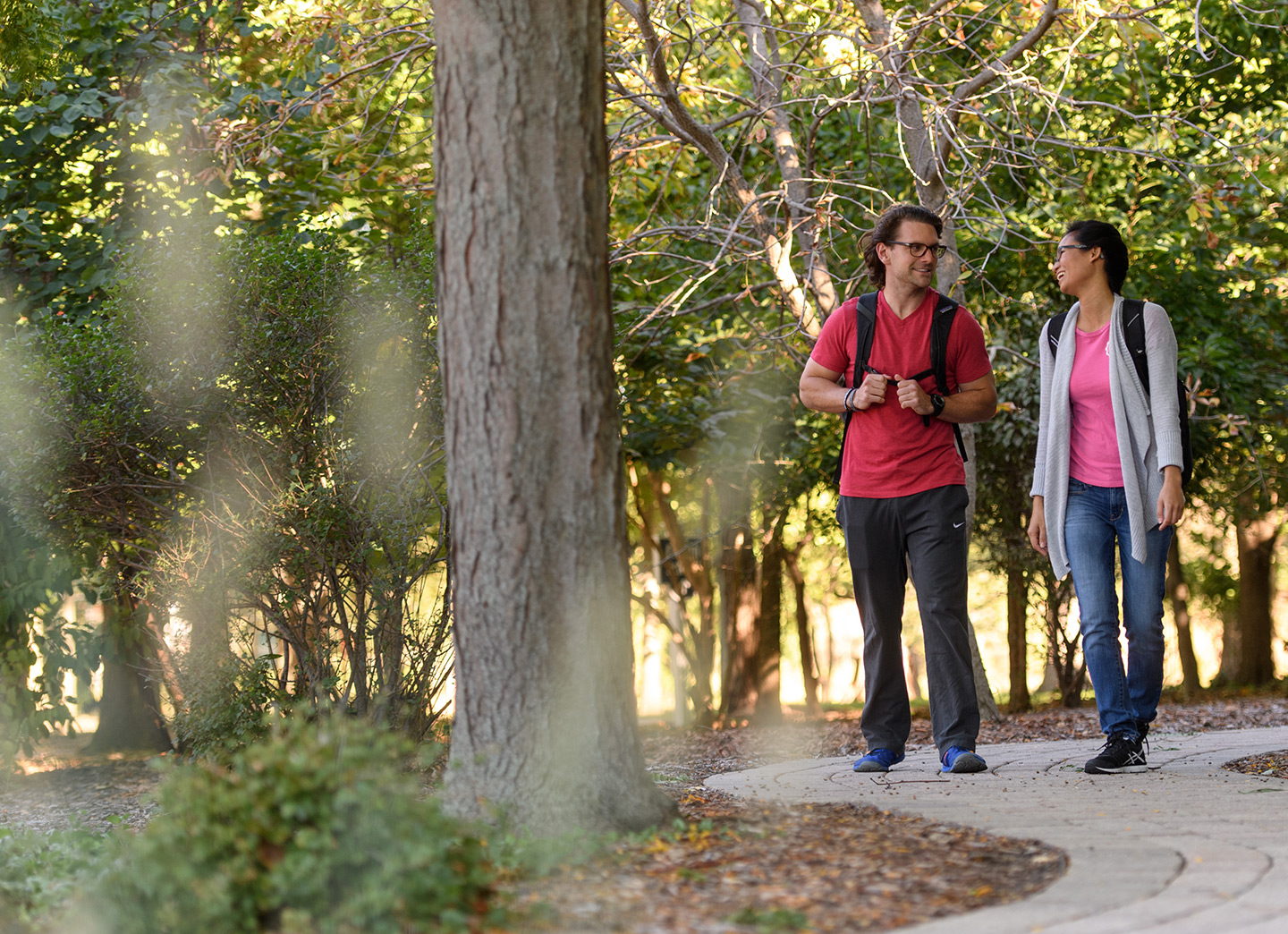 Photo of two students walking on a wooded pathway