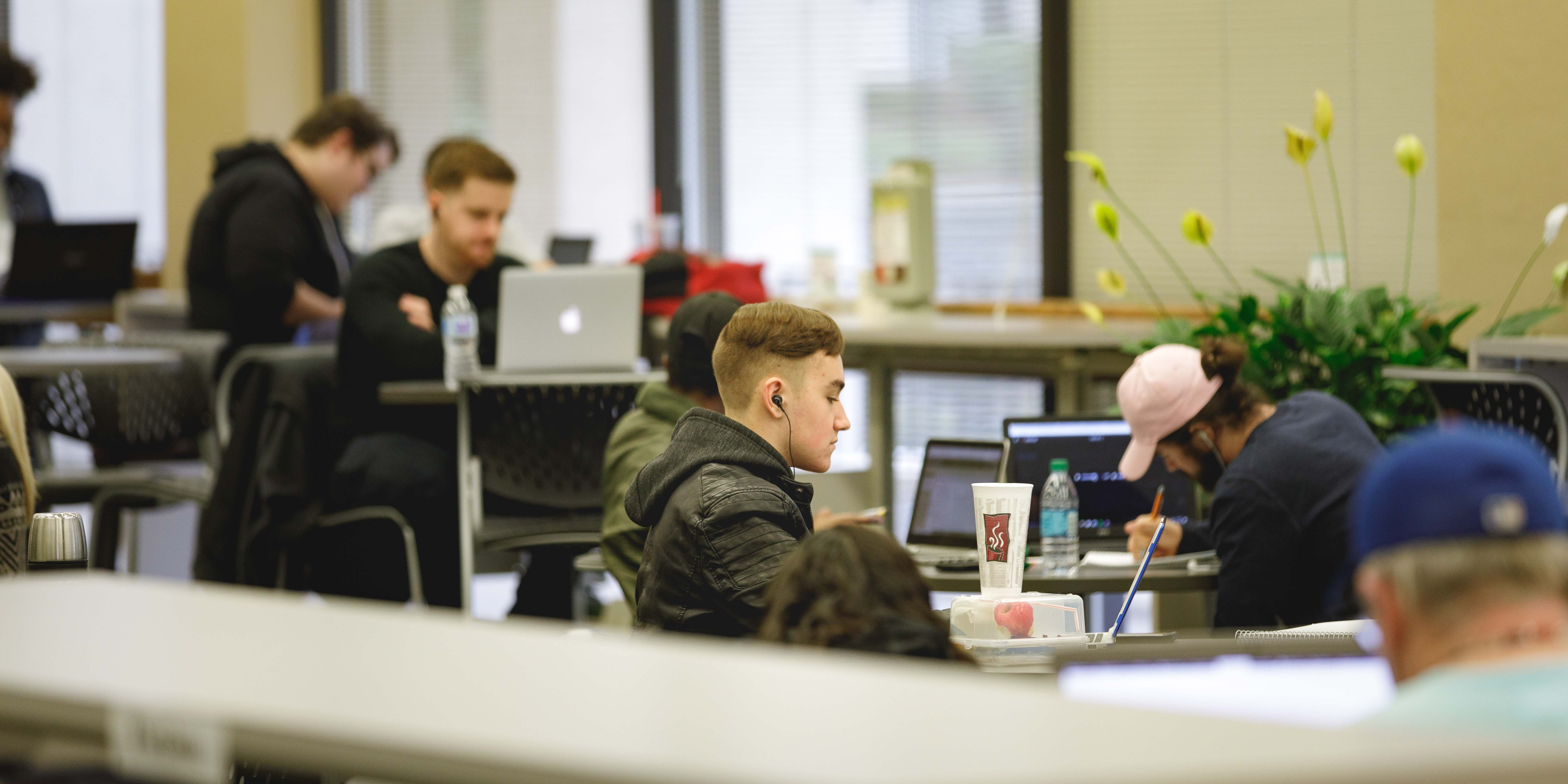 students working in library