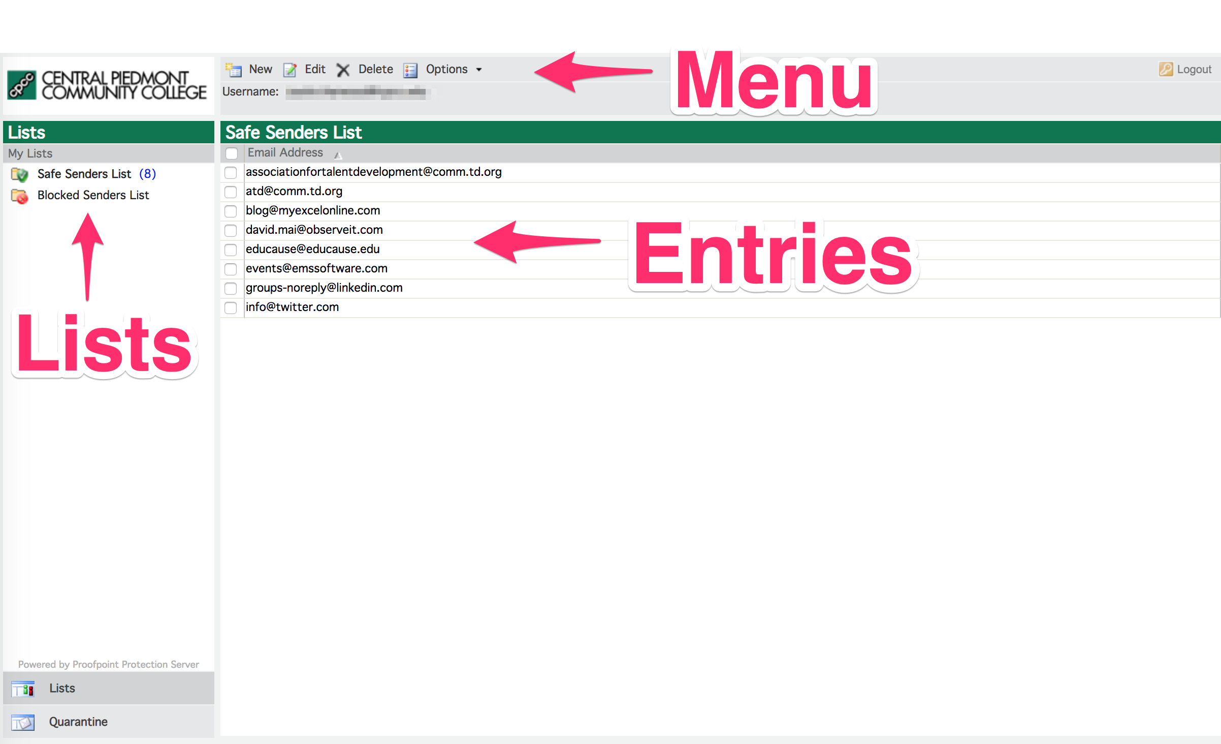 Proofpoint console menu, lists, and entries