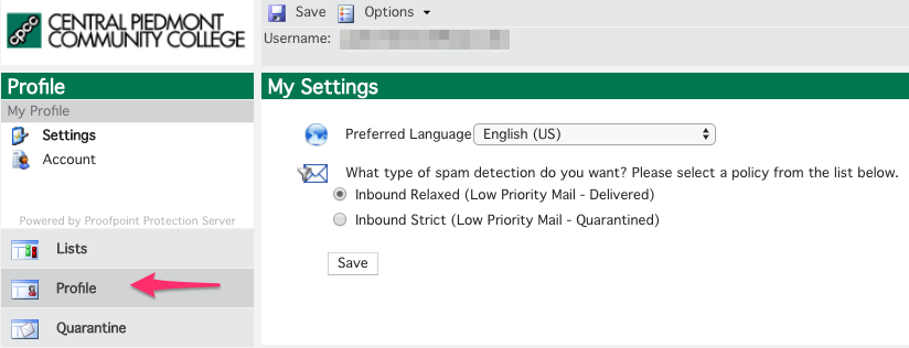 Proofpoint profile settings