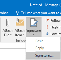 selecting email signature options in Outlook