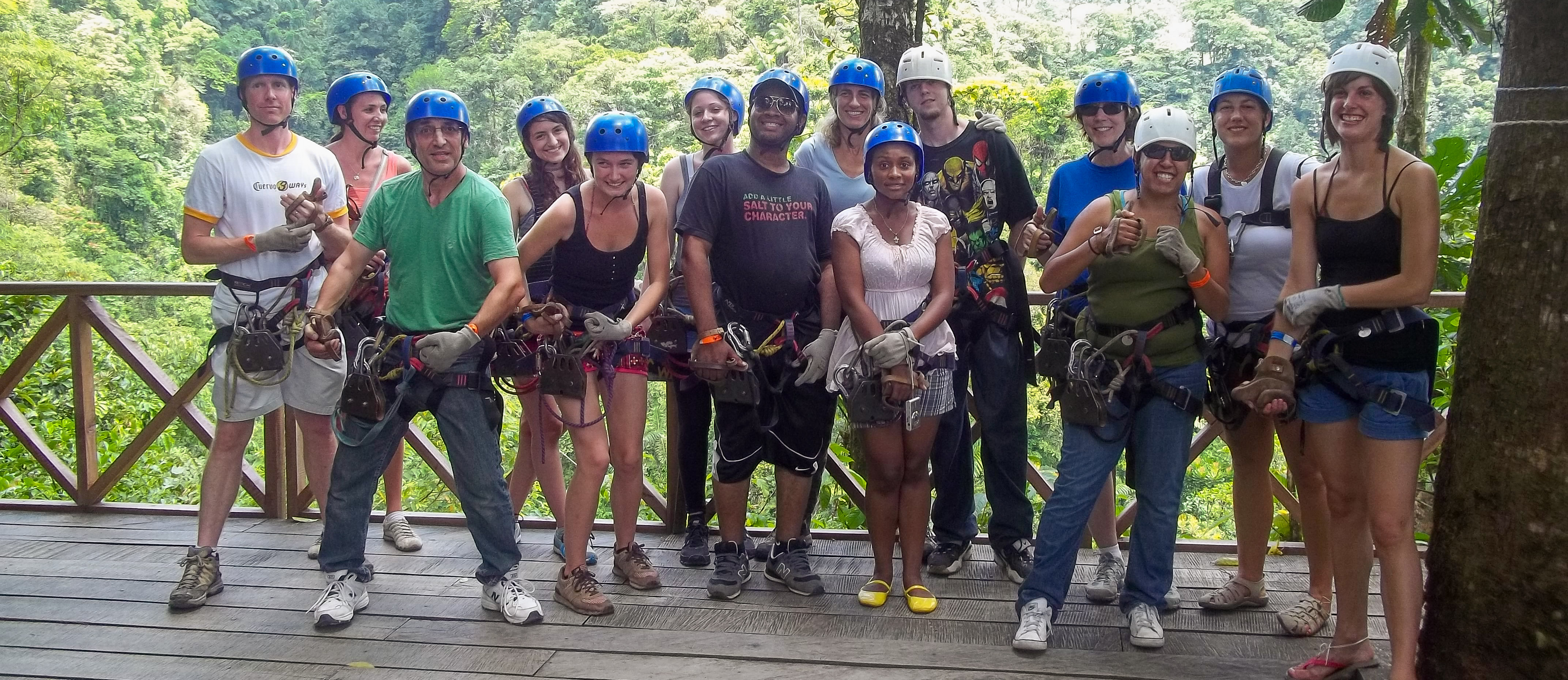 study abroad students on zip line platform in Costa Rica