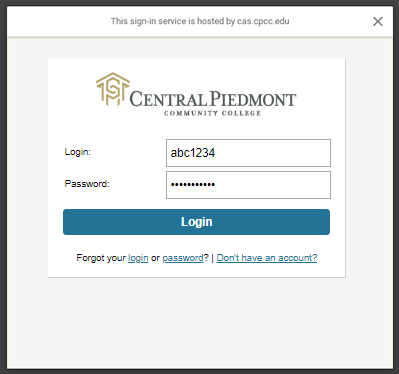 Central Piedmont login screen for entering Central Piedmont credentials