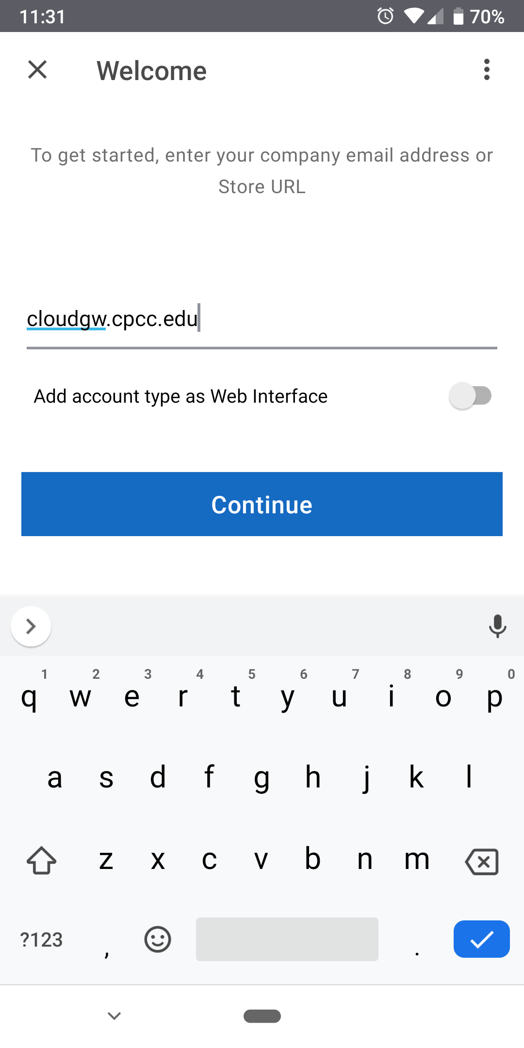 enter cloudgw.cpcc.edu and click continue