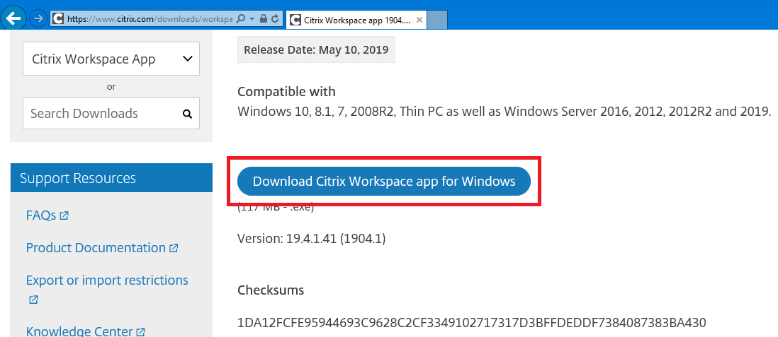 Click download Citrix Workspace app for Windows