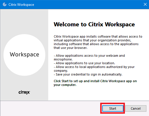 Welcome to Citrix Workspace screen - click start