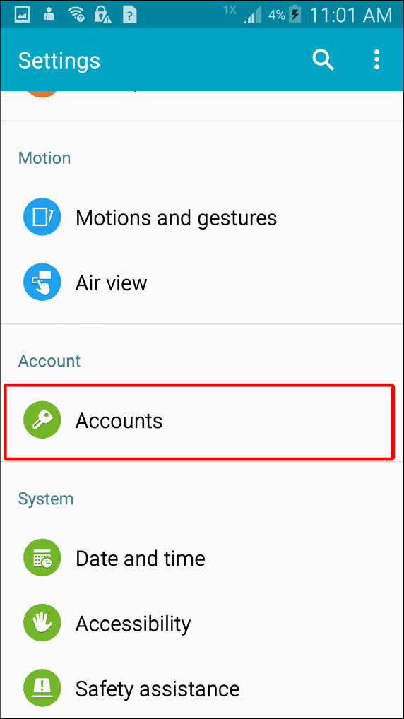 Android accounts menu