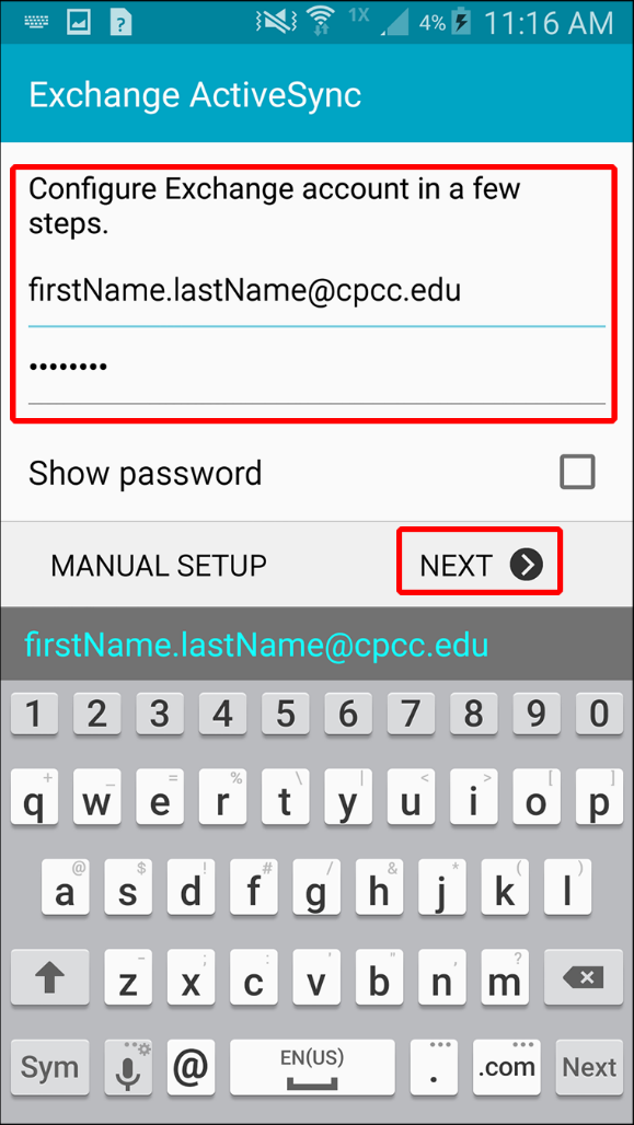 configure exchange account by entering Central Piedmont email and password and tapping next