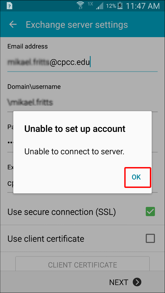 unable to connect to server screen - click ok to set up manually