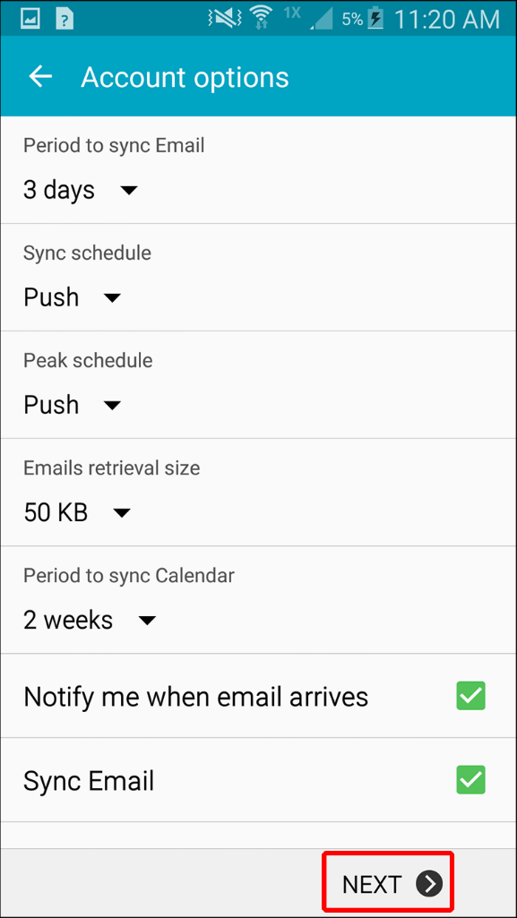 account options screen for synchronizing account