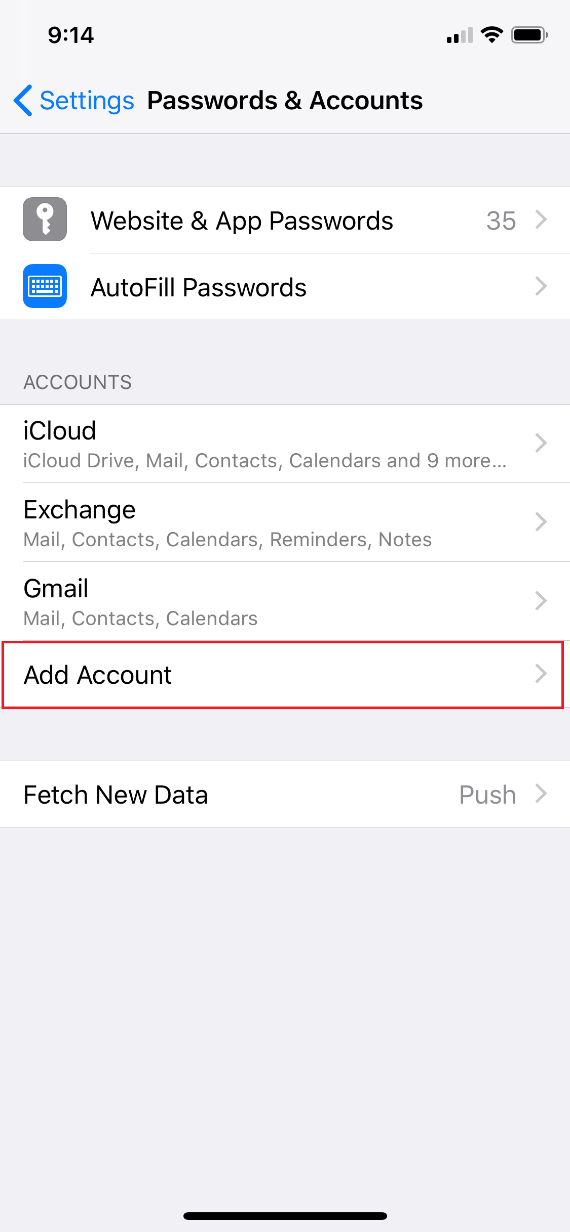 add account on passwords and accounts screen