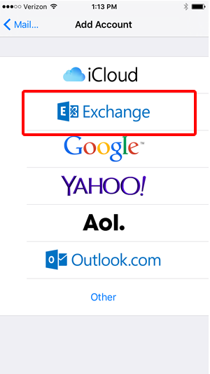 select Exchange on the add account screen