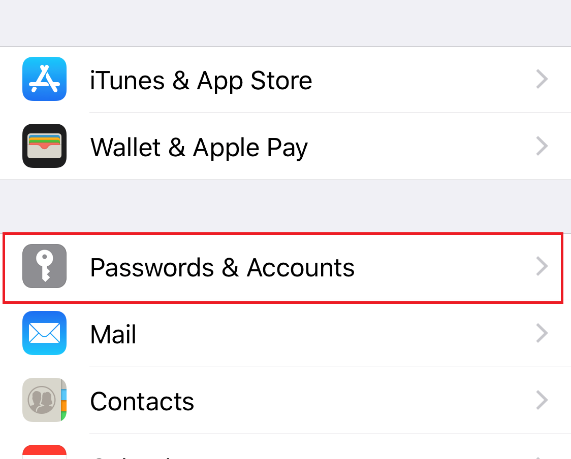 select passwords & accounts on the settings menu