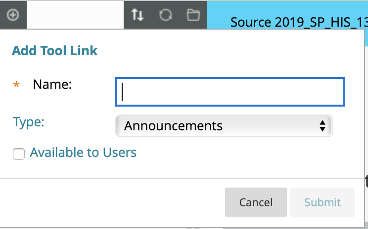 Add Tool Link menu in Blackboard, including link type menu