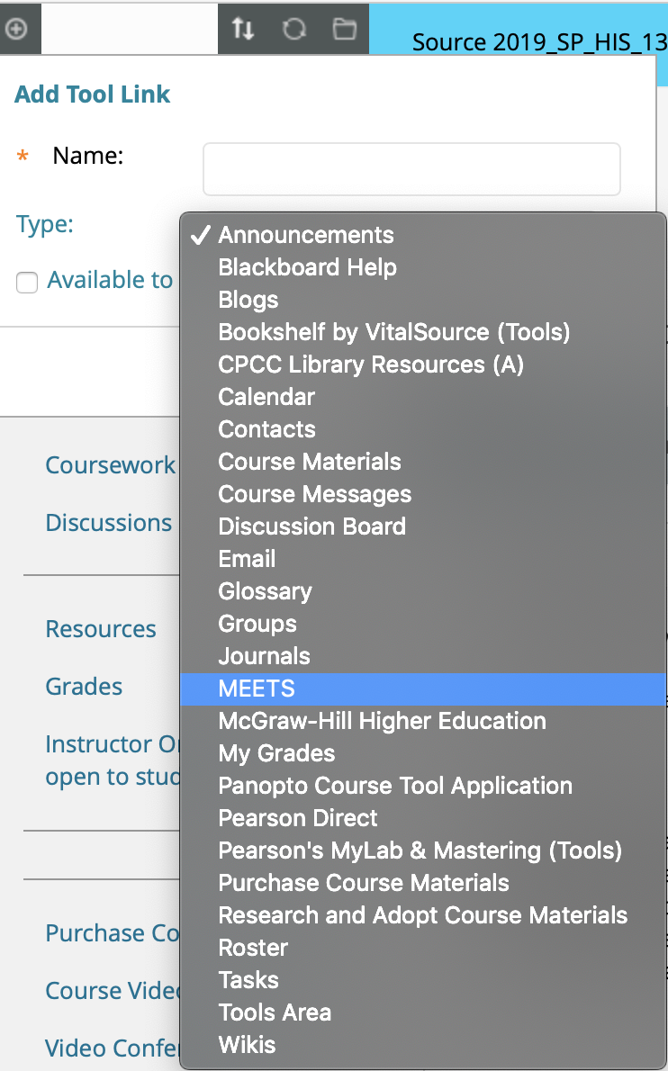 Add Tool Link menu in Blackboard with full list of link types