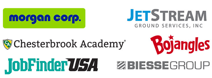 logos of Central Piedmont Career Fair sponsors: Morgan Corp, JetStream Ground Services, Inc, Chesterbrook Academy, Bojangles, JobyFinderUSA, and Biesse Group