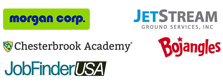 logos of Central Piedmont Career Fair sponsors: Morgan Corp, JetStream Ground Services, Inc, Chesterbrook Academy, Bojangles, JobFinderUSA