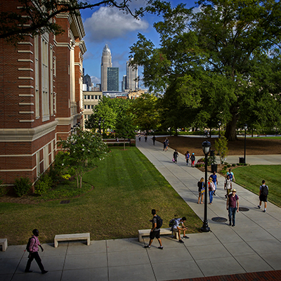 view of downtown from Central Campus with students walking around