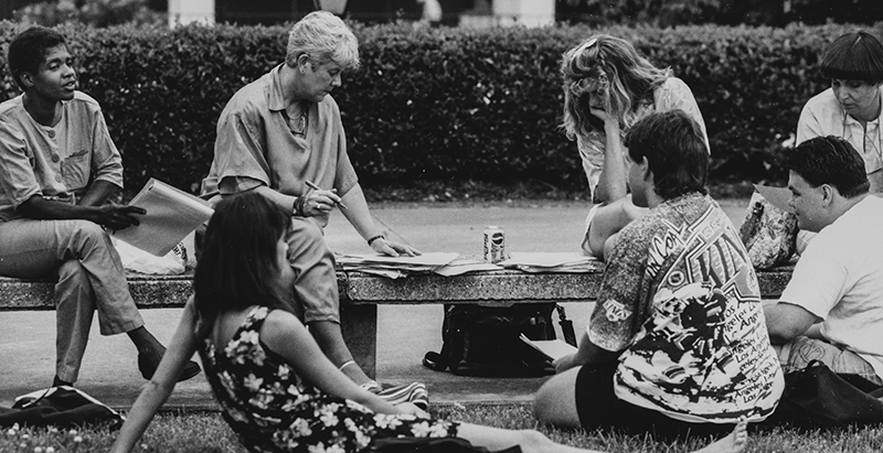 college archives students gathering outside 