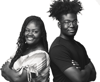 Muriel and Aumani Magloire portrait, standing back to back