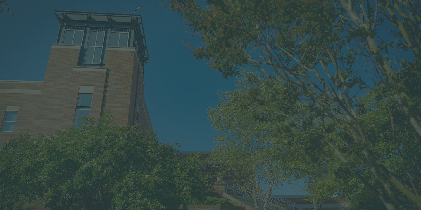 looking up at tower on Harper Campus with trees