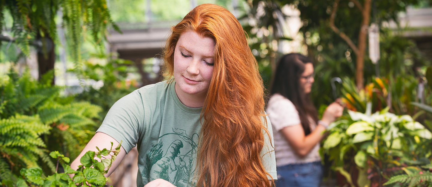 horticulture student tending plants in a greenhouse