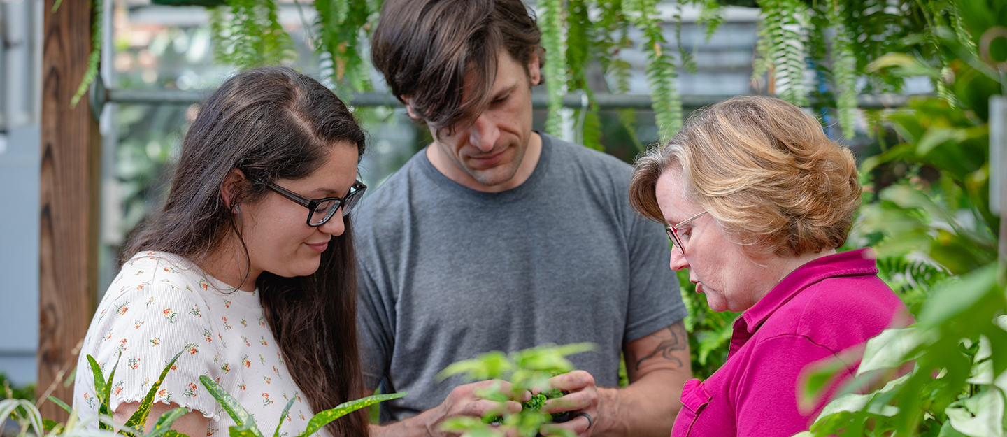 instructor describing a plant to two people in a greenhouse