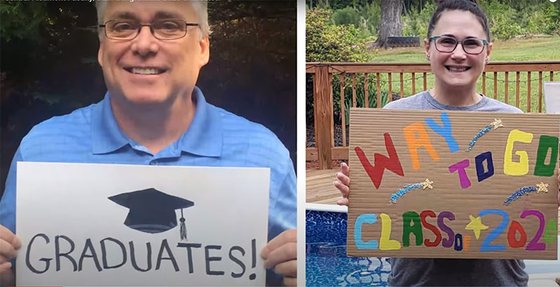 Central Piedmont staff holding signs congratulating the spring 2020 graduates