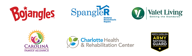 logos of Central Piedmont Career Guide sponsors: Bojangles, Spangler, Valet Living, Carolina Family Alliance, Charlotte health and Rehabilitation Center, Army-National Guard