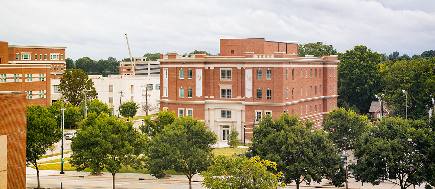 new Charlottetown and 5th Building on Central Campus, surrounded by trees