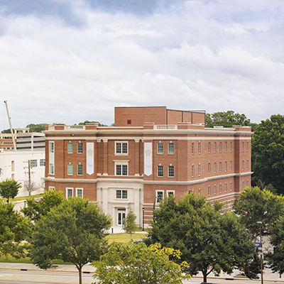 new Charlottetown and 5th Building on Central Campus, surrounded by trees