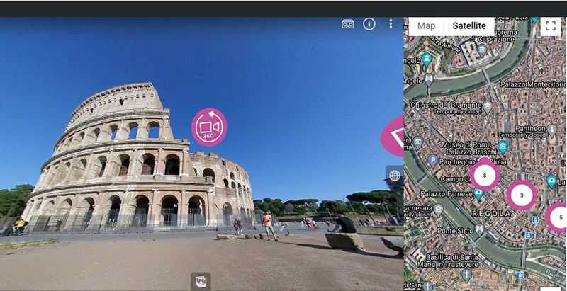 Screenshot of inside the study abroad 360 portal, showing the Roman Coliseum and a map of the area 