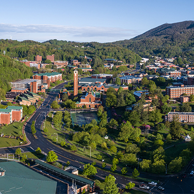 Overview shot of Appalachian State University, nestled in the NC Appalachian mountains