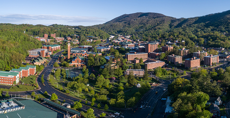 Overview shot of Appalachian State University, nestled in the NC Appalachian mountains