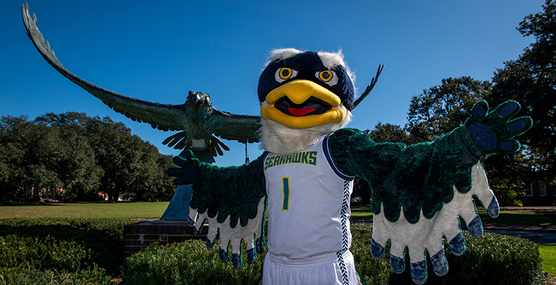 UNC Wilmington mascot Sammy Seahawk with wings spread out standing on campus in front of a hawk statue