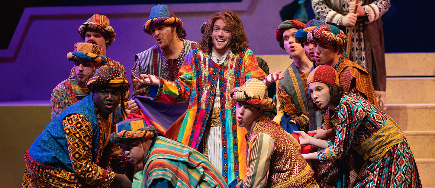 production of Joseph and the telecolor dream coat; Joseph character surrounded by his brothers