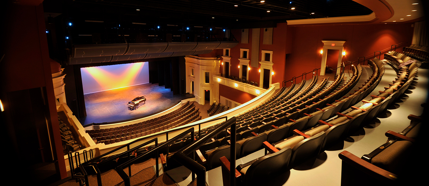 empty Halton Theater on Central Piedmont Central Campus, looking down at stage (stage empty except for piano) from mezzanine seats