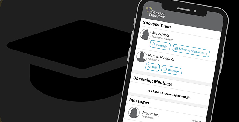 a graduation cap icon and a phone showing an interaction with navigators in the Central Piedmont Aviso app