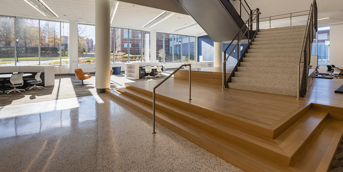 interior stairs and seating of Central Piedmont Hagemeyer Library on Central Campus (jpg)