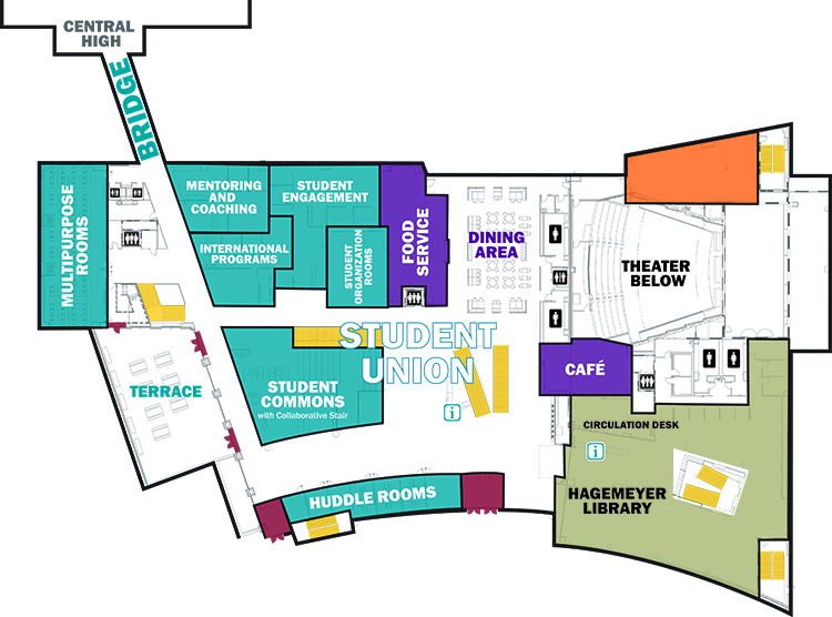 Parr Center first floor plan, showing the Student Union and Commons, and Hagemeyer Library