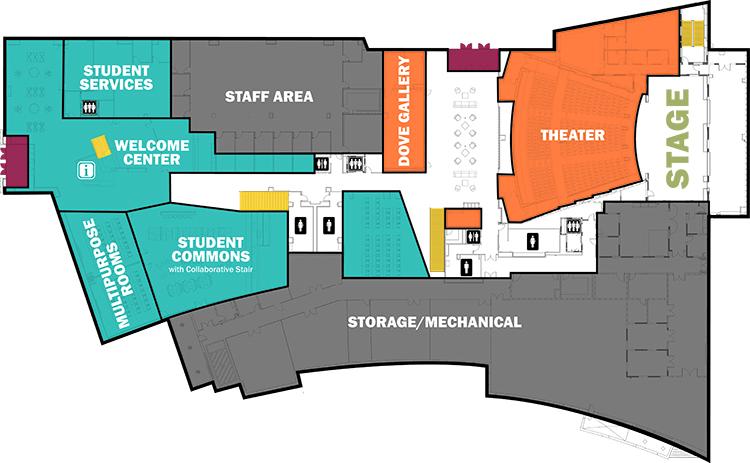 Parr Center ground level floor plan showing the Welcome Center, Student Services, multipurpose room, Dove Gallery, Theater, and restrooms