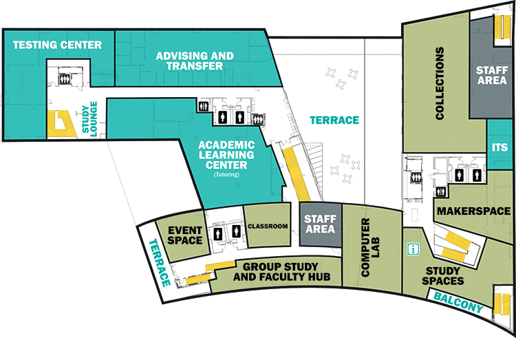 Parr Center second floor floor plan, showing the tutoring center, testing center, advising and transfer, and Hagemeyer Library