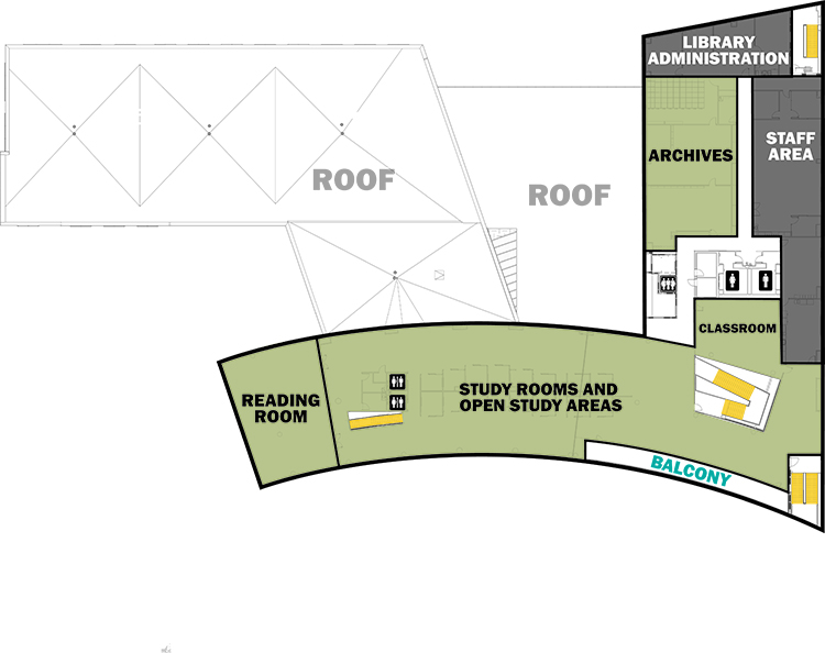 Parr Center third floor plan, showing the Library Archives, Library Administration, study rooms and open study areas, and reading room