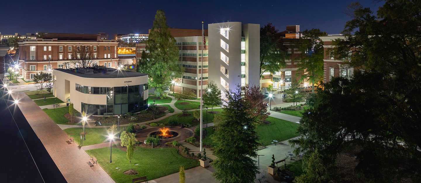 Central Piedmont campus quad lit up at night