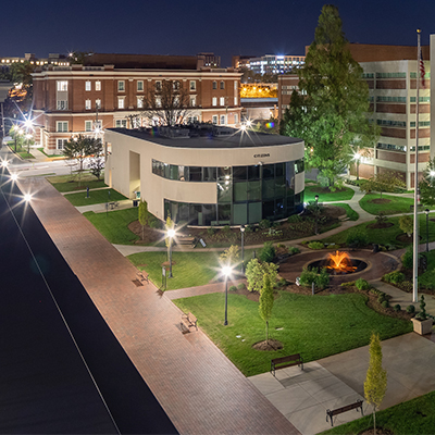 Central Piedmont campus quad lit up at night