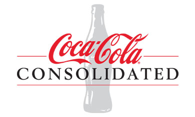 Coca-Cola Consolidated logo in red and black lettering on top of a Coke bottle