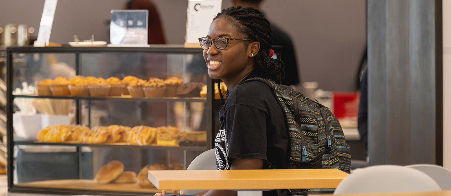 A student in the Parr Center on the first day of classes