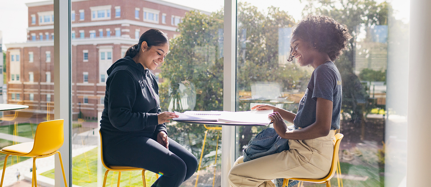 Two smiling students working next to a window