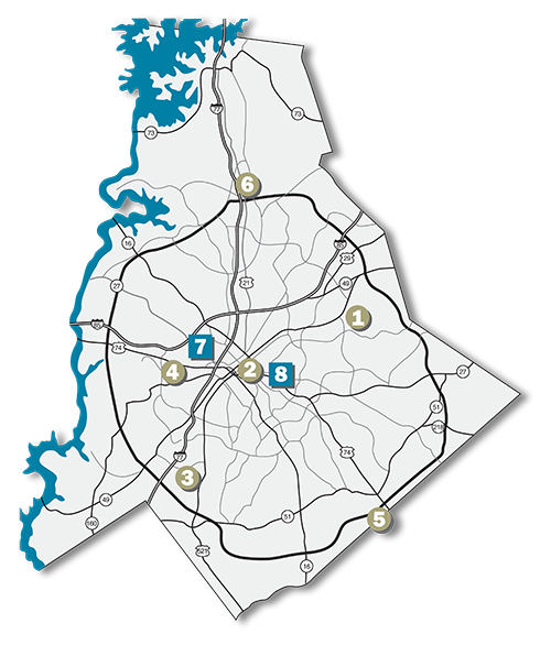 A map of Mecklenburg County showing Central Piedmont's campus locations