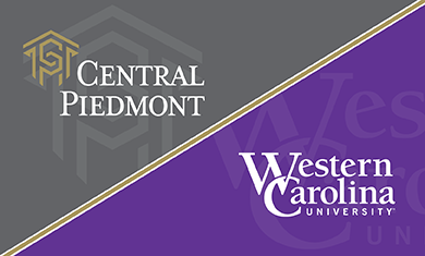 Gray and gold Central Piedmont logo with icon, and purple and white Western Carolina University logo